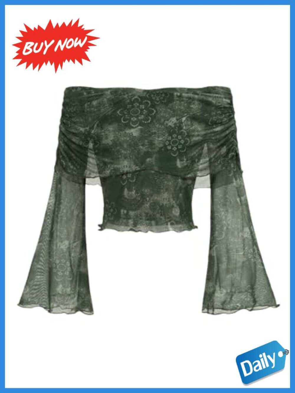 Off Shoulder Bell Sleeve Mesh Crop Top Renaissance Floral Print